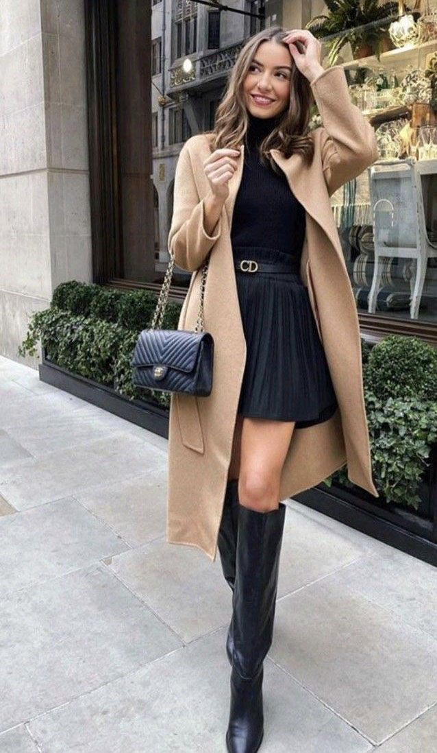 Camel Coat with Black Turtleneck and Skirt 